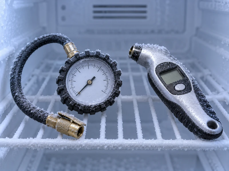 A tire pressure gauge covered in frost after being removed from a freezer