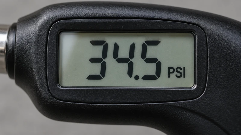 Close-up of a digital tire pressure gauge display showing a reading in 0.5 PSI steps