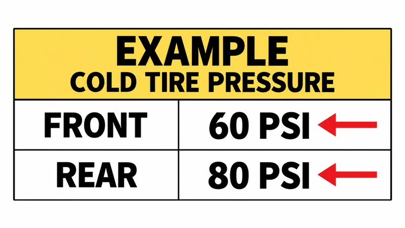 Close-up of a truck door jamb tire and loading information placard showing front and rear PSI
