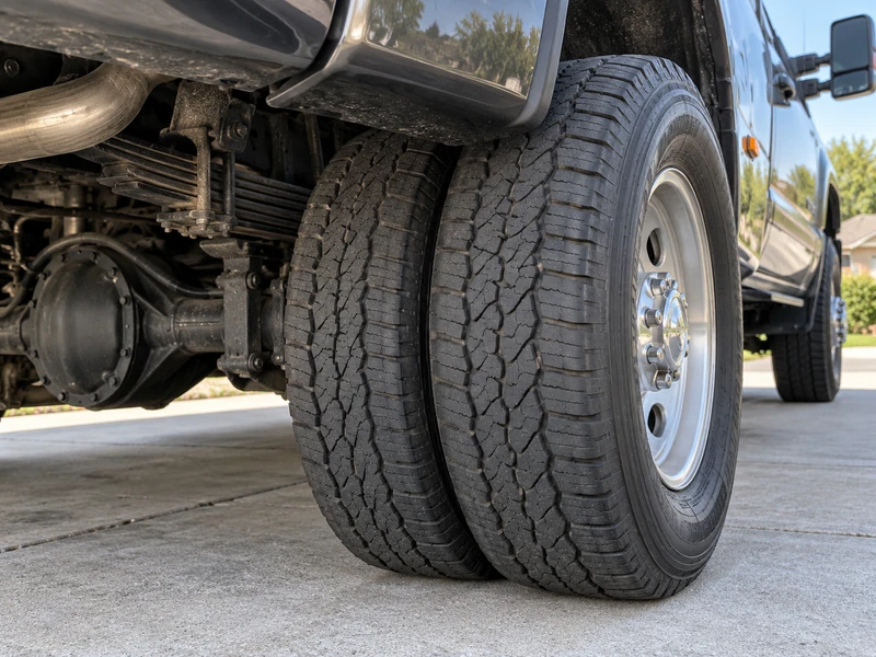 Dual rear wheels on a heavy-duty pickup truck