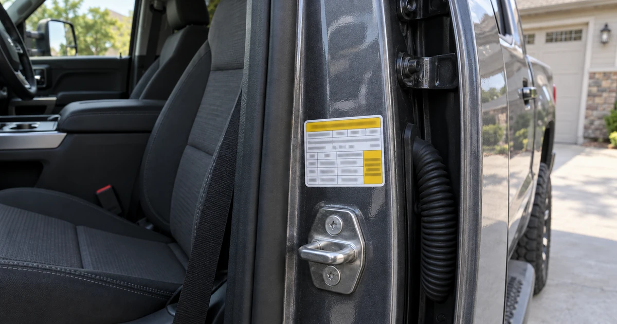 A pickup truck's driver-side door jamb showing the tire and loading information placard