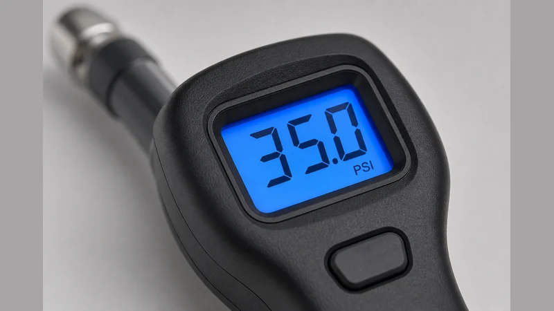 Close-up of a digital tire pressure gauge LCD display showing 35.0 PSI reading against a tire valve stem