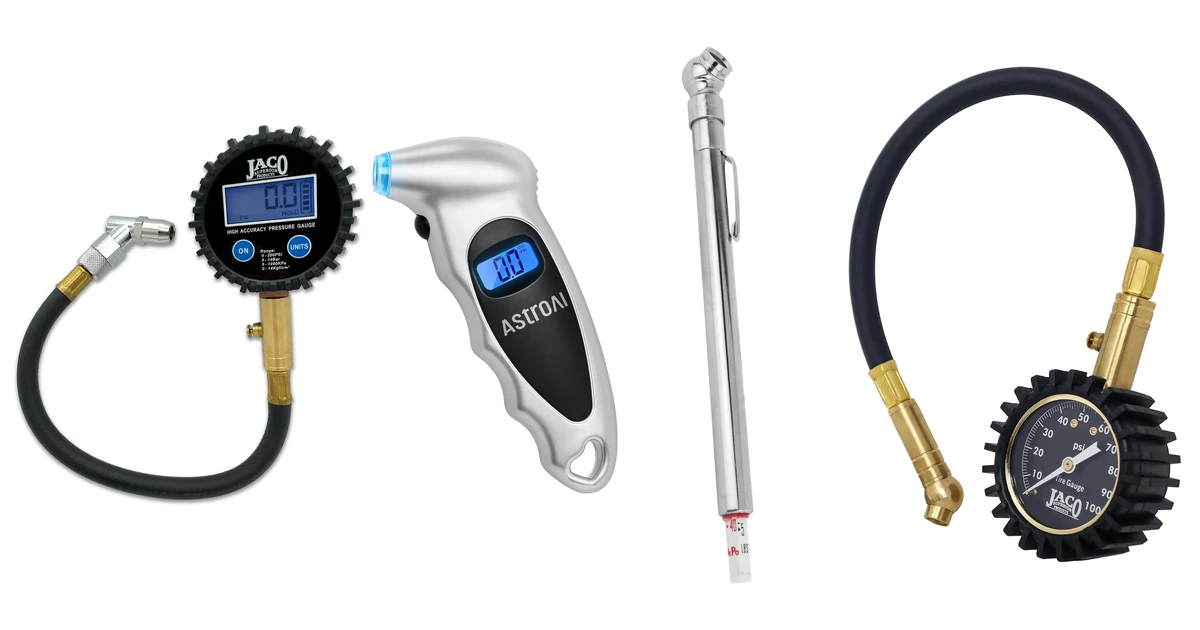 Lineup photo of 4 top tire pressure gauges: JACO ElitePro digital, AstroAI digital, Milton S-921 pencil, and JACO ElitePro analog dial