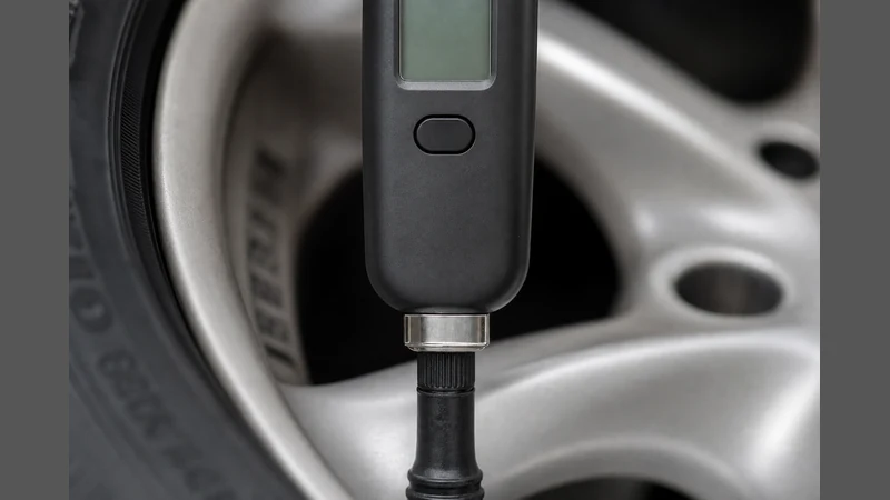 Step-by-step demonstration of pressing a tire pressure gauge straight onto a car valve stem with firm pressure