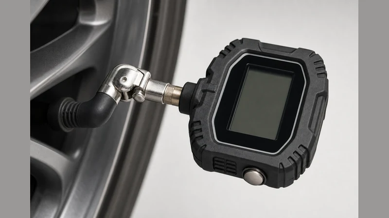 JACO ElitePro digital tire pressure gauge pressed onto a car tire valve stem, showing the bleed valve button on the side