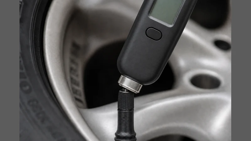 Tire pressure gauge pressed at an angle onto a valve stem, with air escaping around the seal — labeled as a common mistake