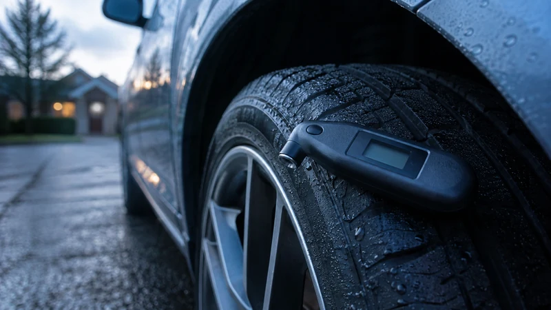 Checking tire pressure with a digital gauge in the early morning before driving, getting a true cold reading