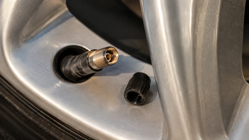 Close-up of a tire valve stem with the cap removed — bleeding air from a hot tire causes underinflation when cold
