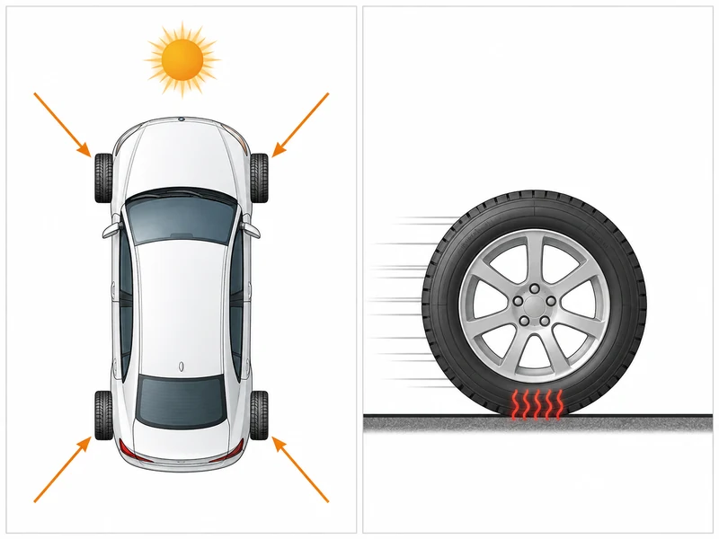 Diagram comparing weather heat versus driving heat on tire pressure — sun warming a parked tire versus friction heat from a rolling tire
