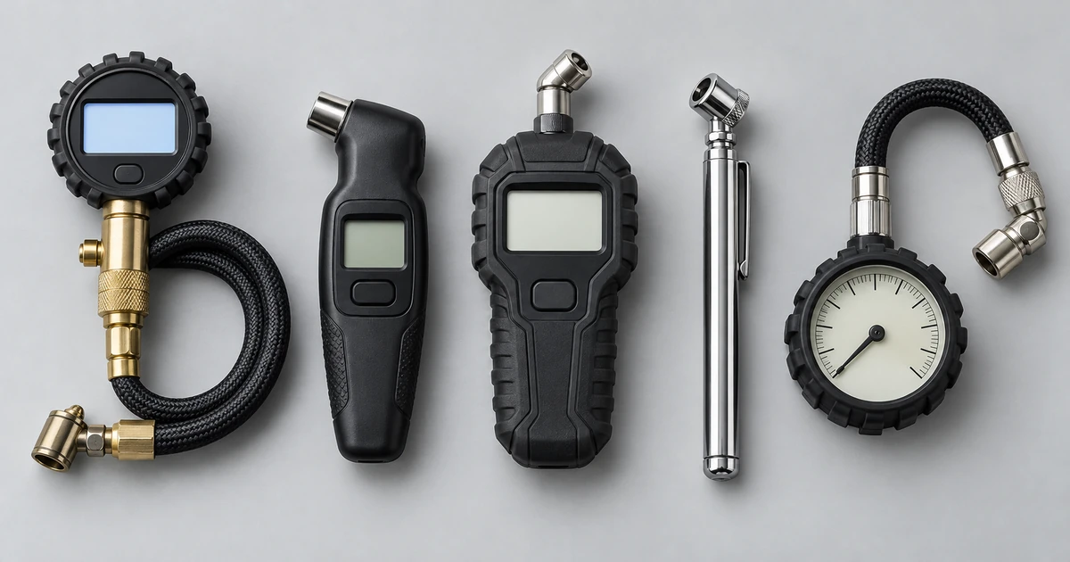 Lineup photo of 5 tested tire pressure gauges: JACO ElitePro digital, AstroAI digital, ETENWOLF T300, Milton S-921 pencil, and JACO ElitePro analog dial