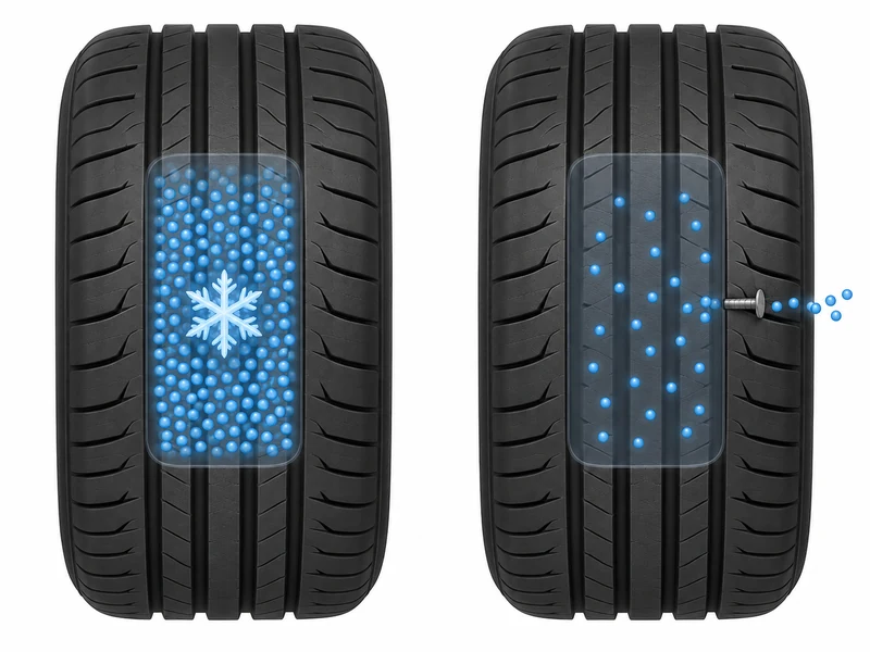 Diagram comparing cold air contraction inside an intact tire versus air actually leaking out of a punctured tire