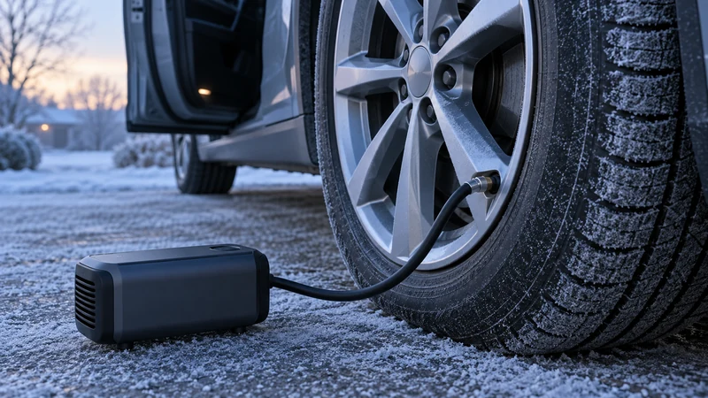 Topping up tire pressure with a portable inflator on a frosty cold morning after an overnight temperature drop