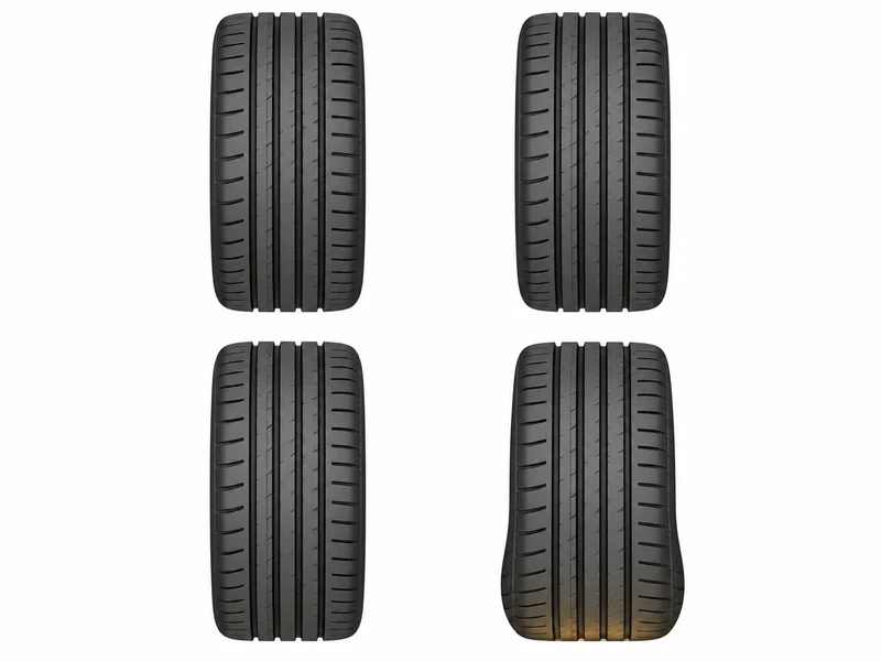 Diagram of four tires where three read normal pressure and one reads low — a sign of a real leak, not cold weather