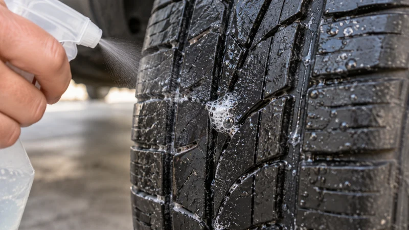 Spraying soapy water on a tire to find a leak — bubbles forming at the puncture point