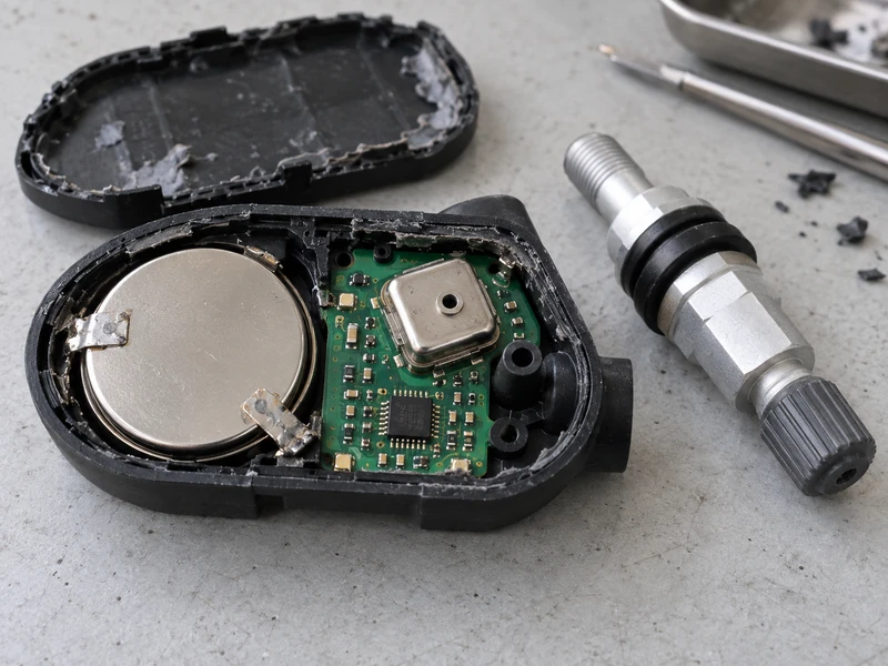 Conceptual teardown of a TPMS sensor showing a battery, circuit board, and pressure-sensing components