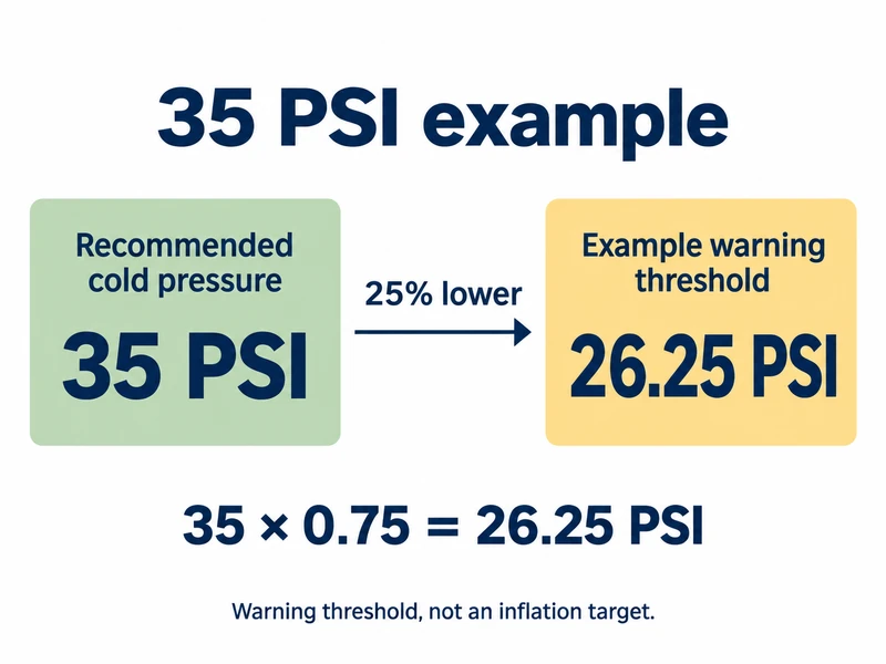 TPMS example diagram comparing 35 PSI recommended cold pressure with 26.25 PSI, a 25 percent decrease