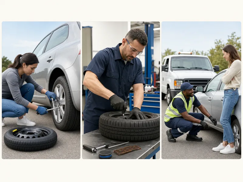 Cost comparison chart showing DIY repair at $0 vs mechanic repair at $25-50 vs roadside assistance free with AAA membership