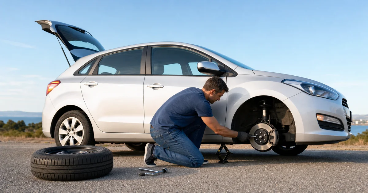 Car jacked up on roadside shoulder with flat tire removed, lug wrench and spare tire visible