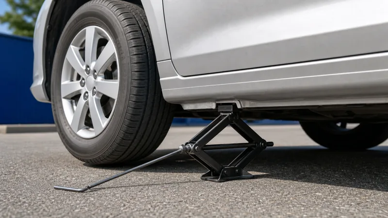 Side view of a car showing the correct jack point — reinforced notch in the rocker panel behind the front wheel