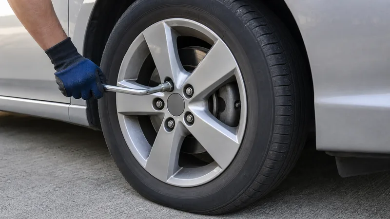 Diagram showing lug wrench turning lug nut counter-clockwise on a car wheel still on the ground before jacking