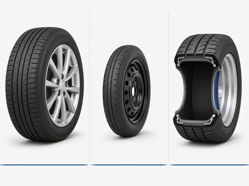 Side-by-side comparison of full-size spare tire, compact temporary spare (donut), and run-flat tire sidewall