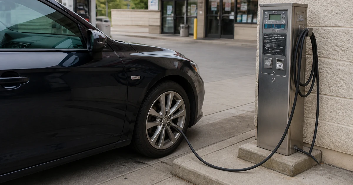How to check tire pressure at a gas station — car parked at a gas station air pump with the hose reaching the tire