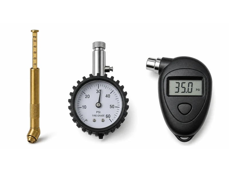 Three tire pressure gauge types side by side: pencil stick gauge, dial gauge with clock face, digital LCD gauge