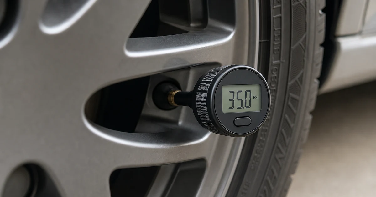 Hand holding a digital tire pressure gauge pressed onto a car tire valve stem, with LCD display showing the PSI reading