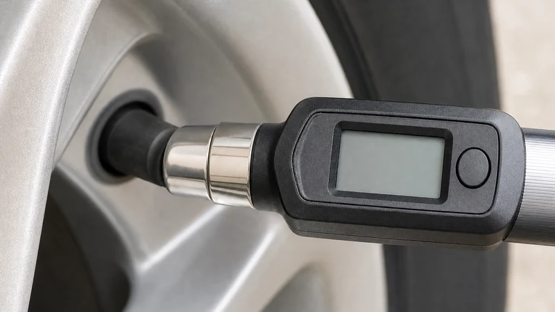 Digital tire pressure gauge pressed straight onto a valve stem, showing the chuck seal making contact