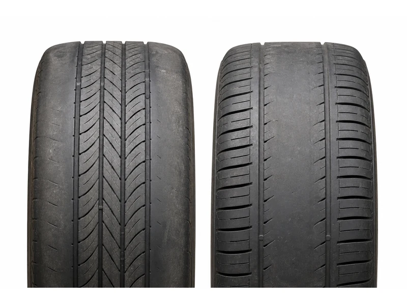 Two tire treads side by side: one with worn outer edges (under-inflation) and one with worn center tread (over-inflation)