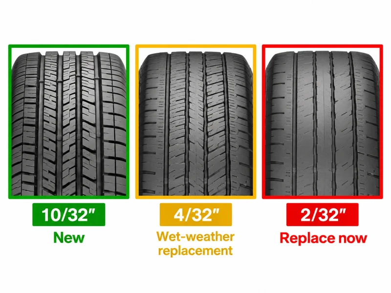 Tire tread depth comparison showing matching tread patterns at 10/32 inch, 4/32 inch, and 2/32 inch