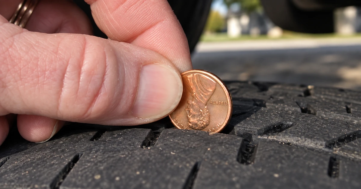 Hand inserting a penny into a car tire tread groove with Lincoln's head pointing down to check tire tread depth