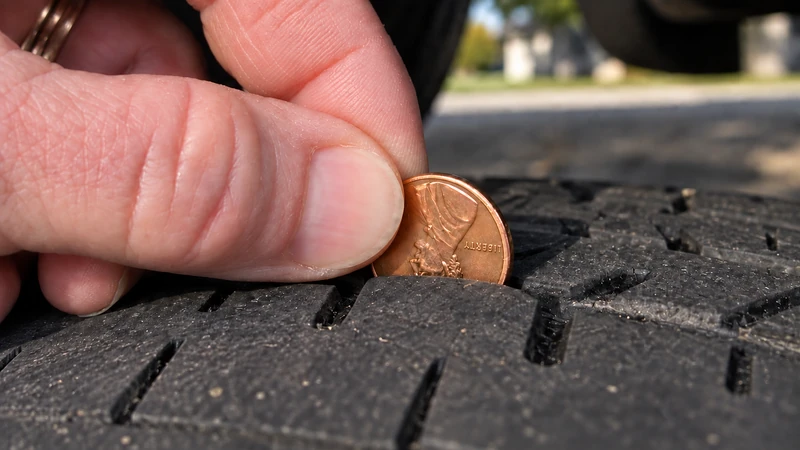 Close-up of a penny inserted into a tire tread groove with Lincoln's head down, showing the top of the head still covered by tread