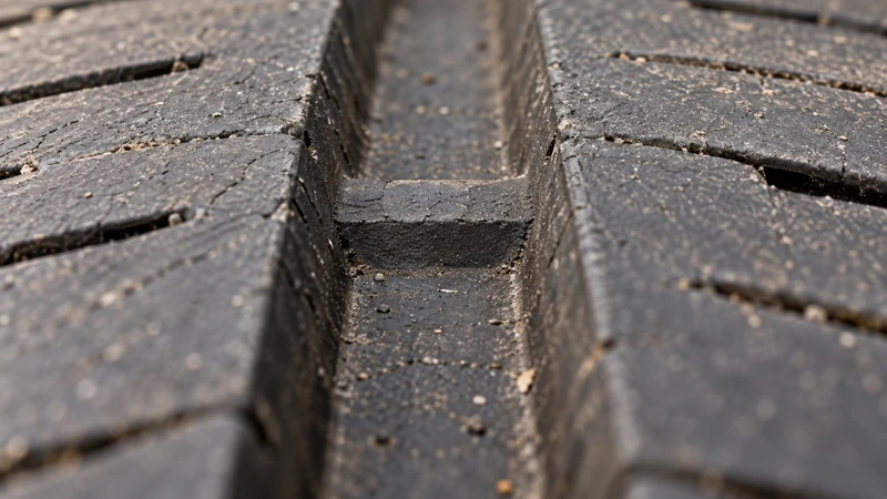 Close-up of a tire tread groove showing a raised rubber wear indicator bar molded between the tread blocks