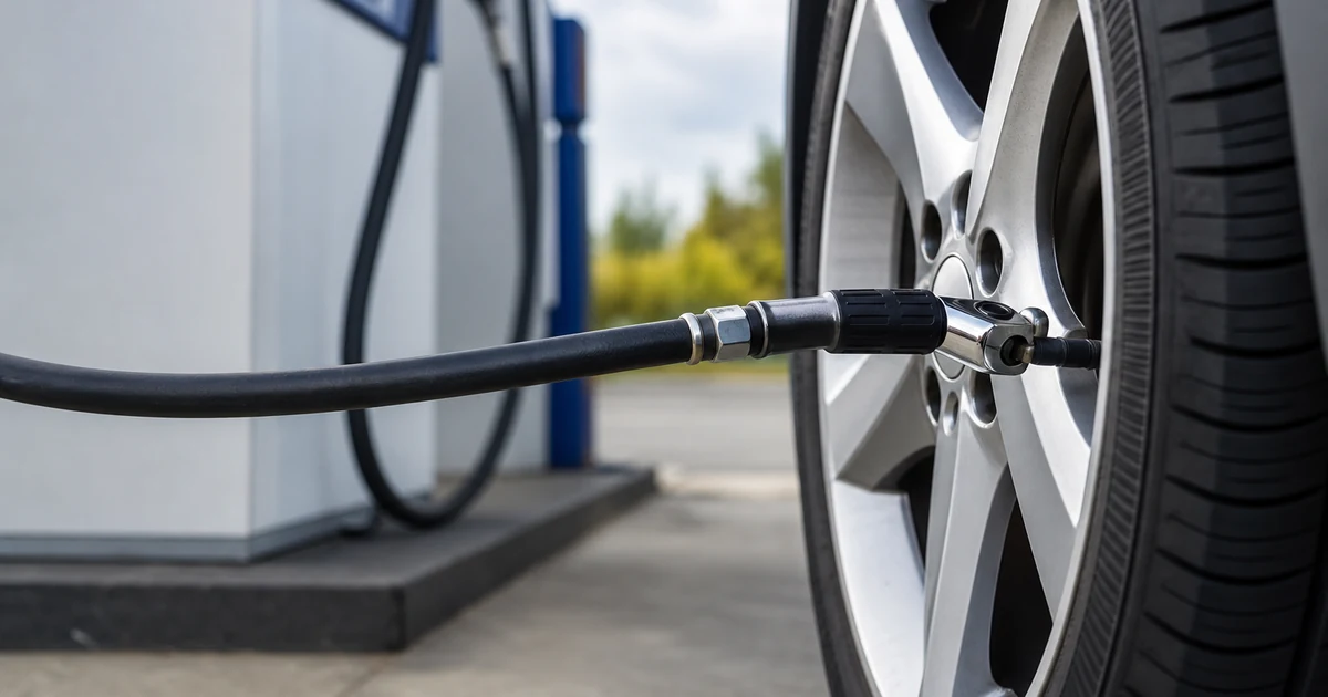 Gas station air pump with hose attached to a car tire valve stem, inflating a tire