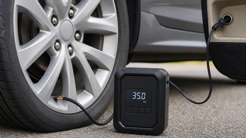 Portable 12V tire inflator with digital display plugged into a car's cigarette lighter outlet