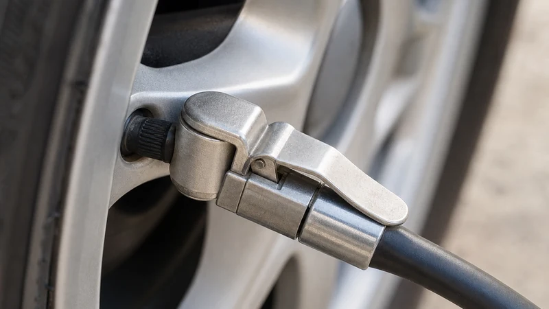 Gas station air hose nozzle pressed firmly onto a tire valve stem with a tight seal