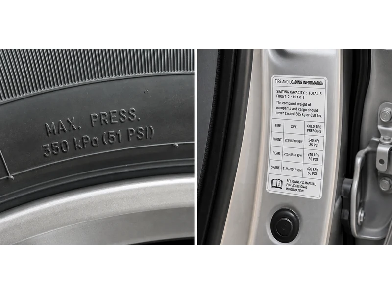 Side-by-side comparison: tire sidewall showing MAX PRESSURE number vs door jamb sticker showing manufacturer RECOMMENDED PSI