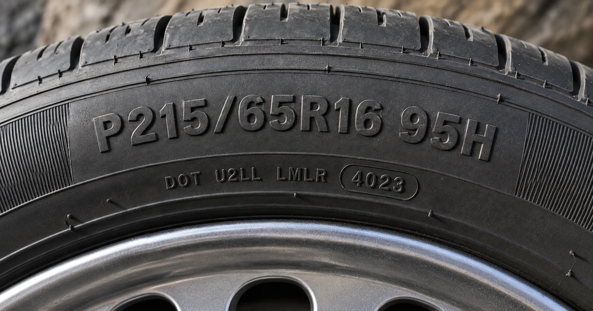 A tire sidewall covered in molded markings: size, load index, speed rating, and DOT code