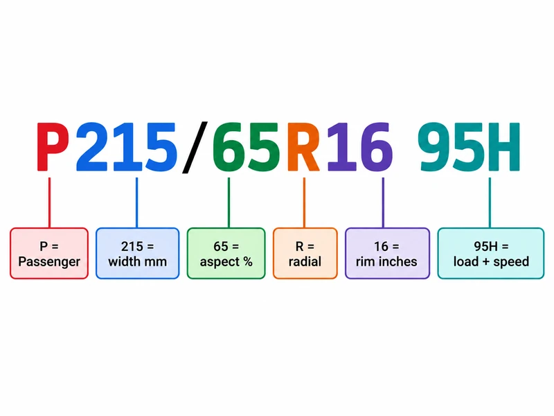 Annotated breakdown of tire size P215/65R16 95H showing what each character means