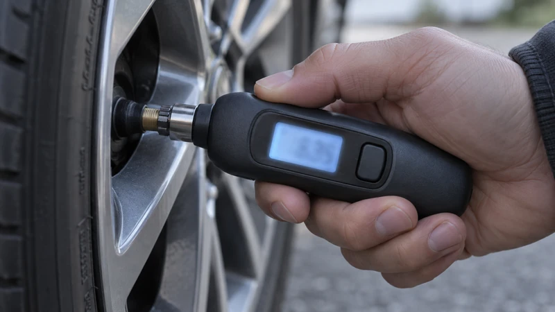 A digital tire pressure gauge on a valve stem verifying cold tire pressure before a TPMS reset