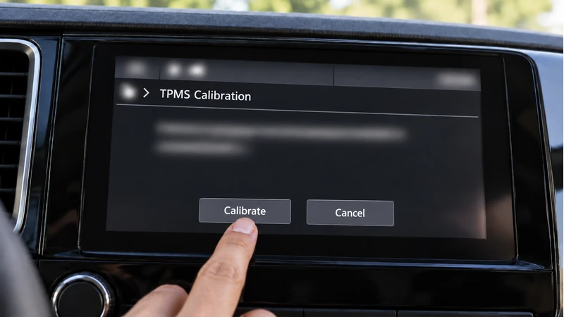 A finger selecting Calibrate on a TPMS Calibration menu to reset the tire pressure light