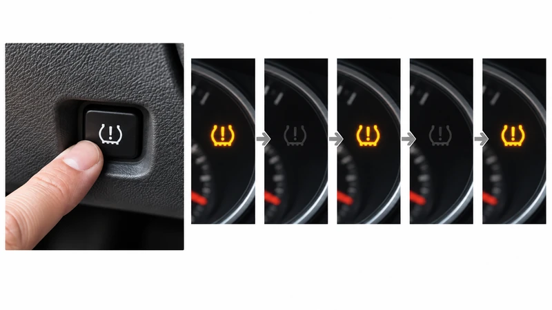 A finger holding the TPMS reset button beside a sequence illustrating three flashes of the tire pressure warning light