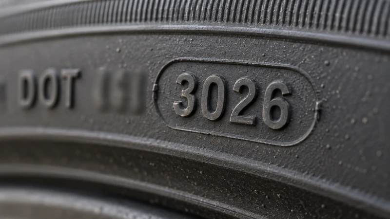 Close-up of the DOT code on a new tire sidewall showing the four-digit manufacture date code