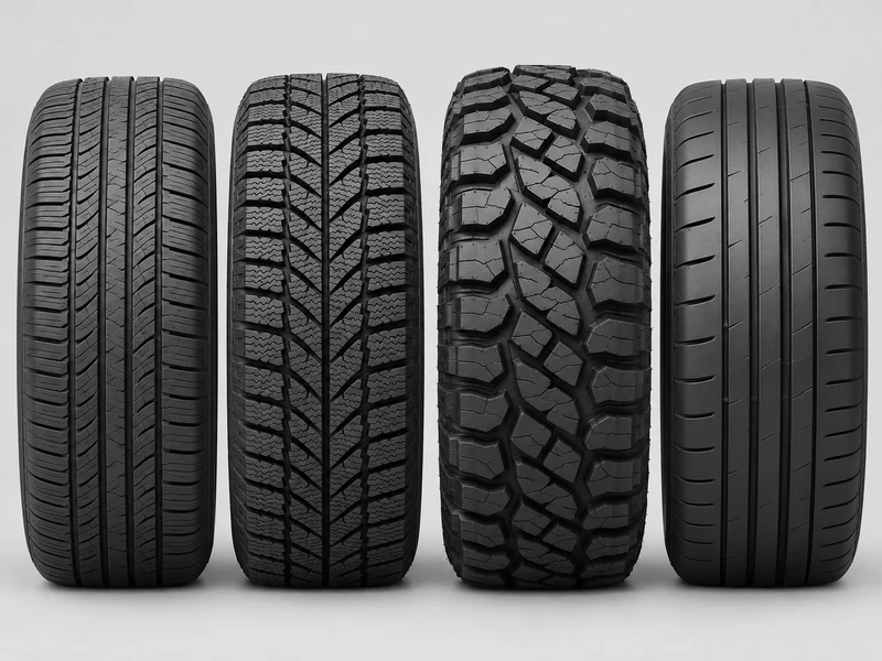 Four new tires side by side showing different factory tread depths: all-season, winter, all-terrain, and performance summer