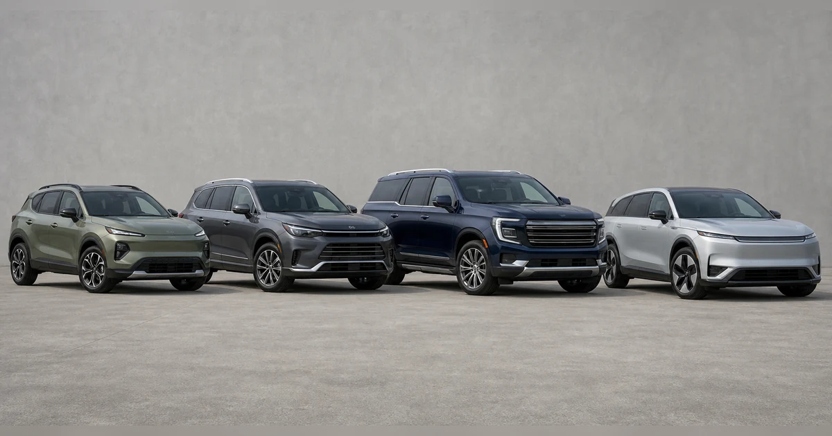 Lineup of four SUVs parked side by side showing different classes — compact crossover, mid-size SUV, full-size SUV, and EV SUV