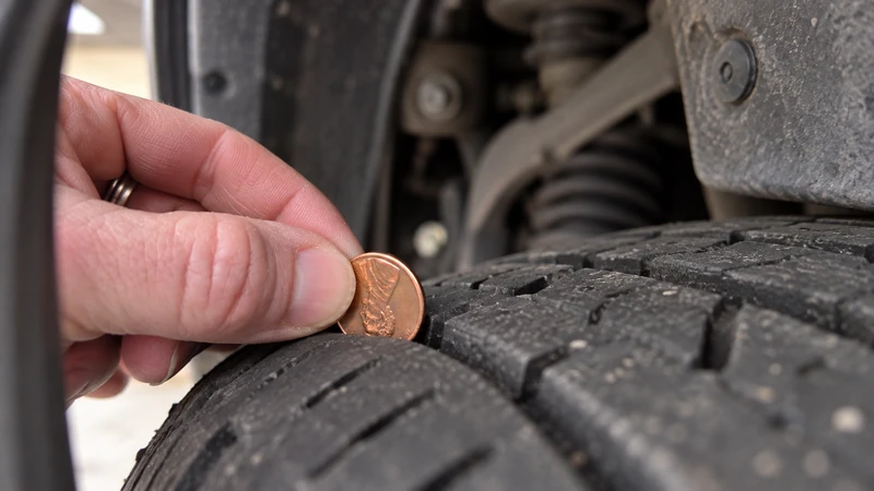 A penny being tested in the inner shoulder groove of a tire, the hardest-to-see spot where wear often starts
