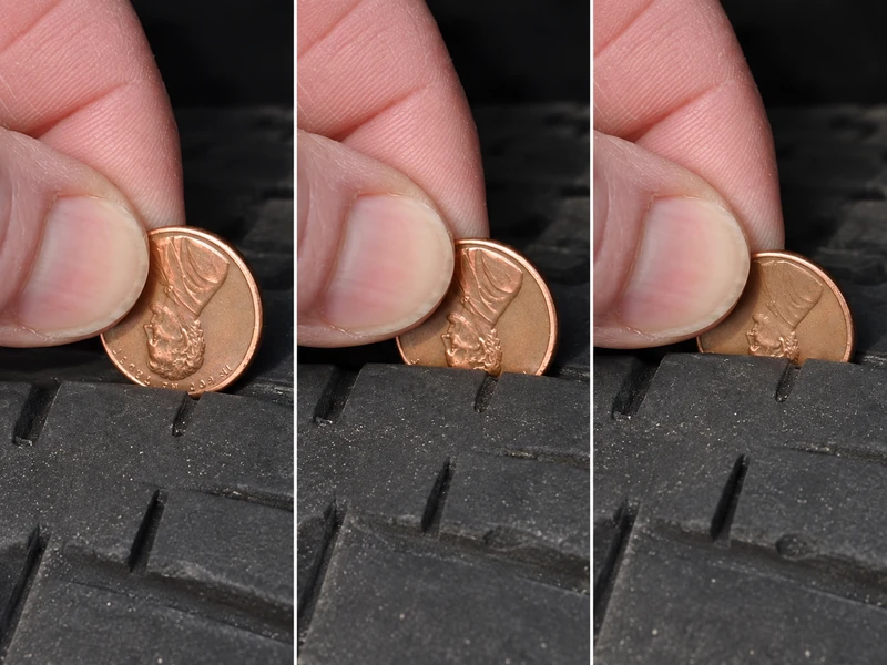 A US quarter and a US penny held against the same tire tread groove, showing the quarter test and penny test side by side