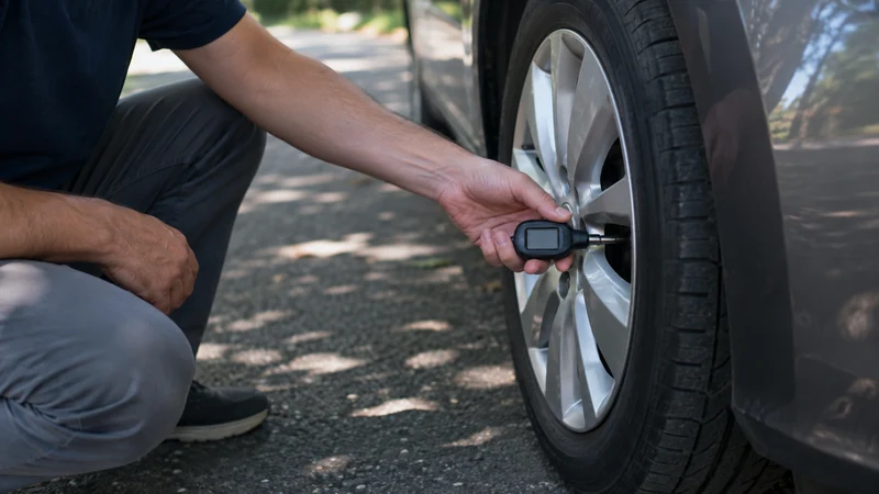 Checking summer tire pressure with a digital gauge in the shade on an early summer morning