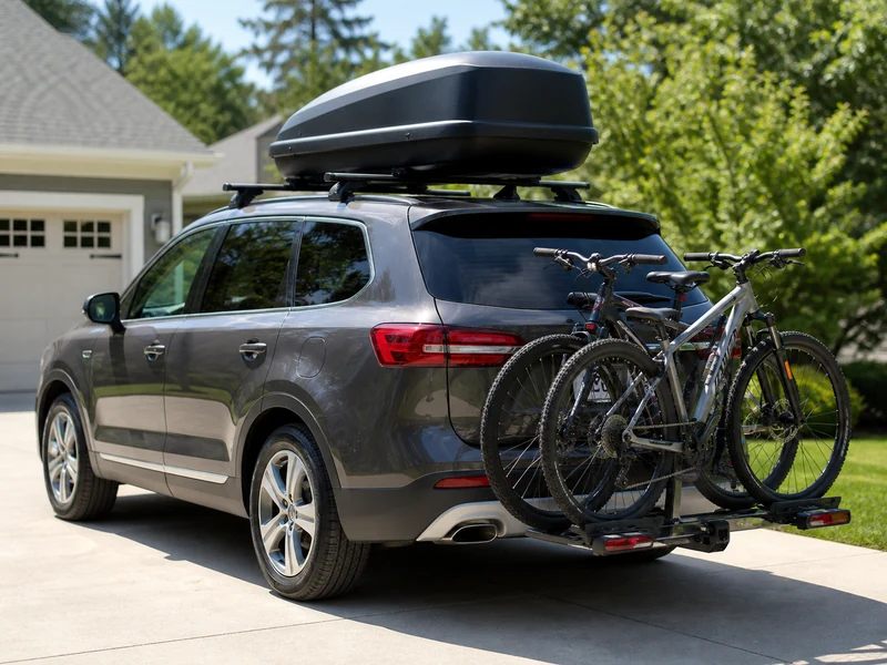A car loaded with luggage for a summer road trip, tires checked to the loaded vehicle pressure spec